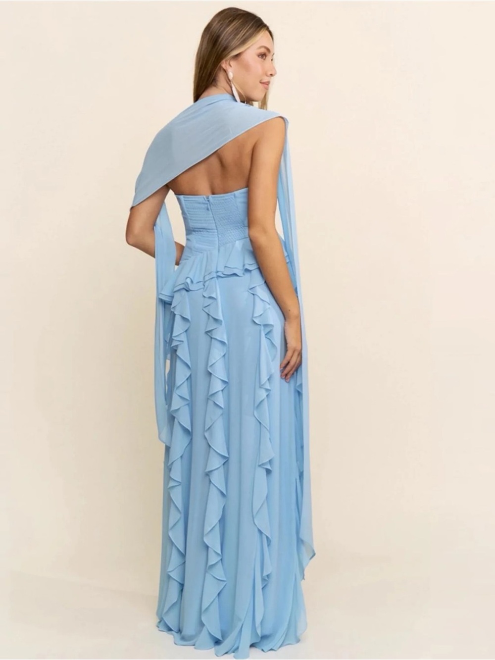 Strapless Sky-Blue Ruffle High-Slit Evening Gown - Picture 3 of 4